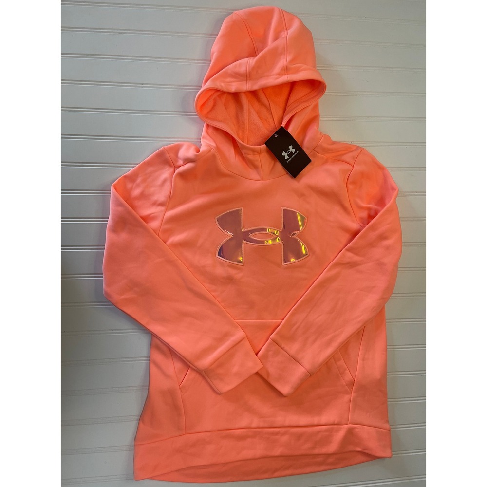 NWT Under Armour Girls Armour Fleece Iridescent Logo Hoodie Orange Youth Large